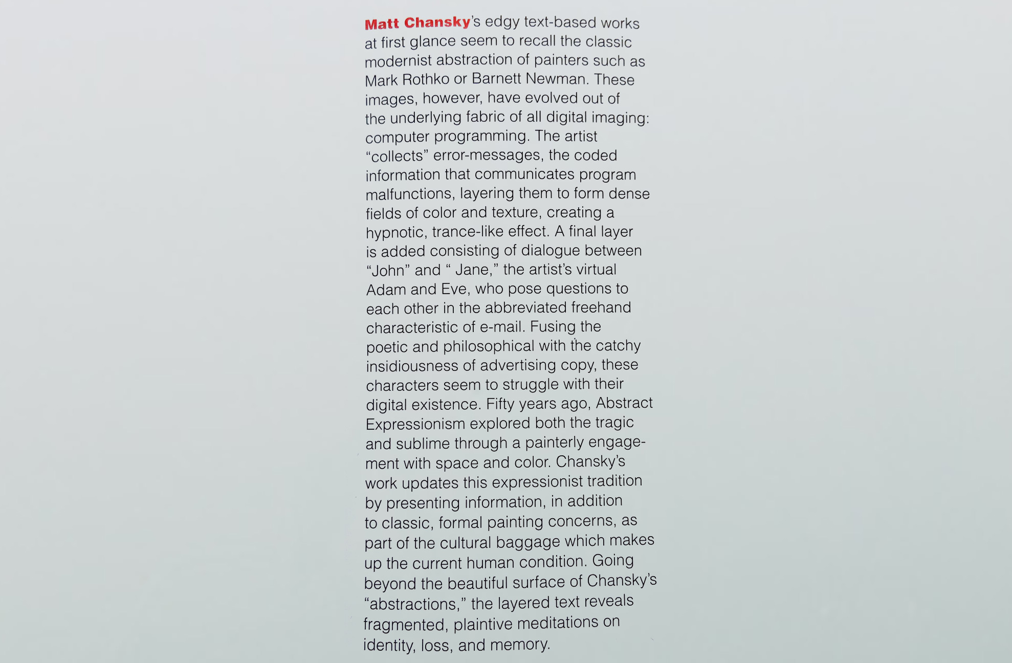 The Aldrich Contemporary Art Museum review — cover art of Matt Chansky’s inkjet fine art exhibited at the gallery. Exhbition